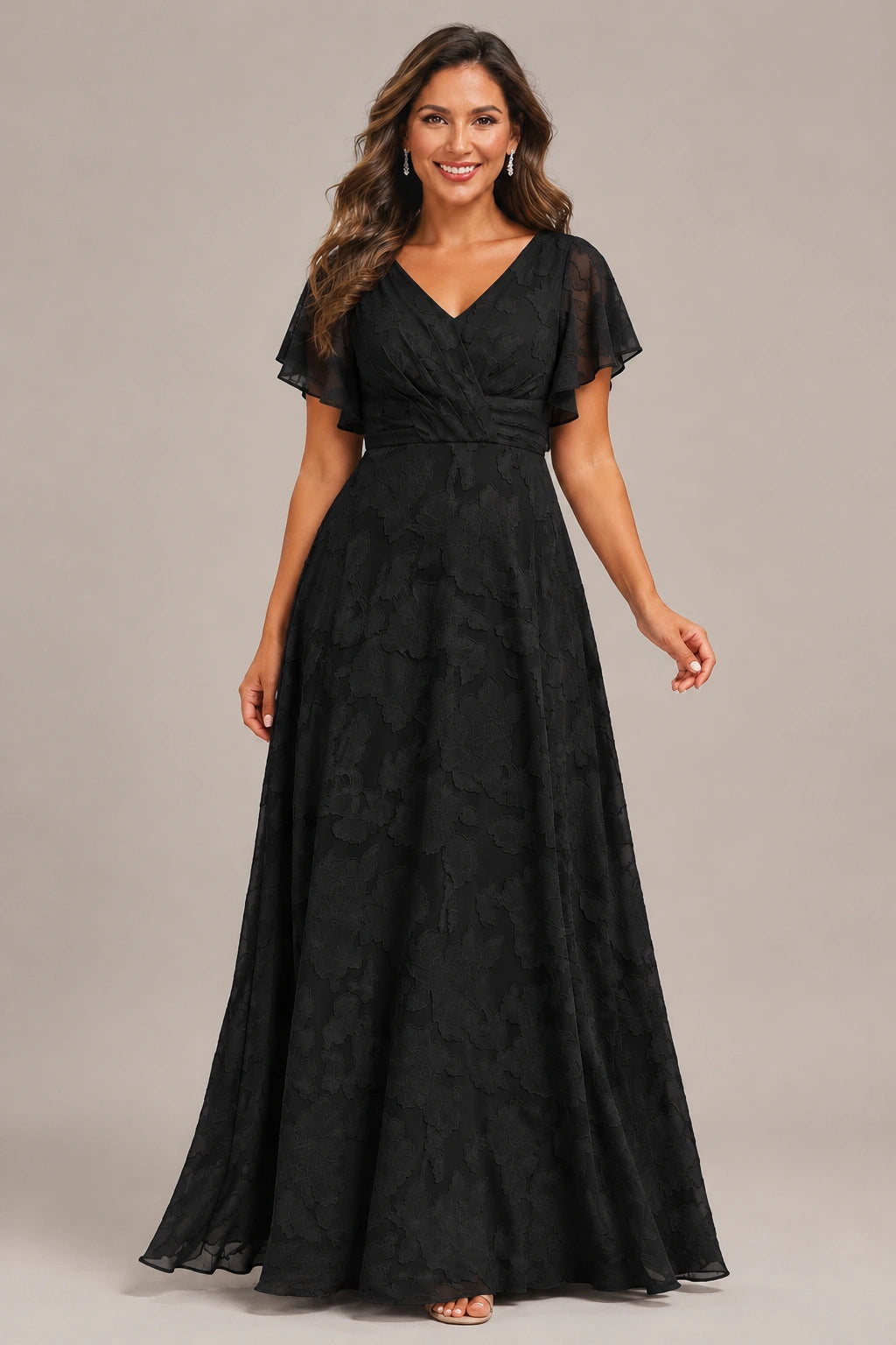 Jovellee Floral Chiffon A-Line Mother of the Bride Dress with Flutter Sleeves