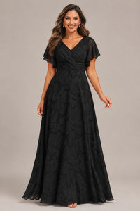 Jovellee Floral Chiffon A-Line Mother of the Bride Dress with Flutter Sleeves