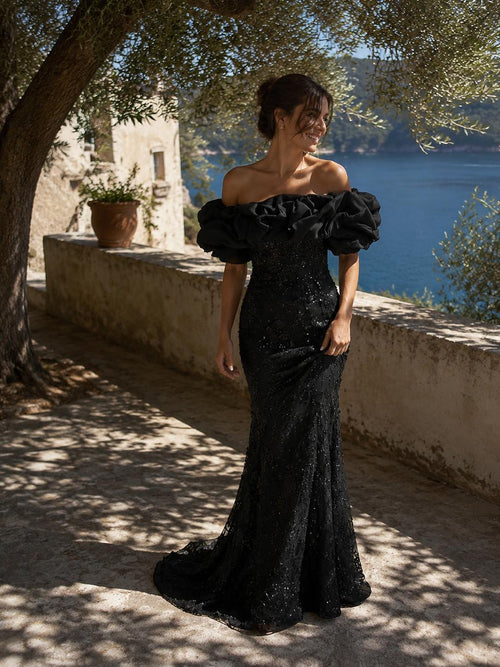 Black Sequin Off-Shoulder Ruffle Mermaid Prom Dress