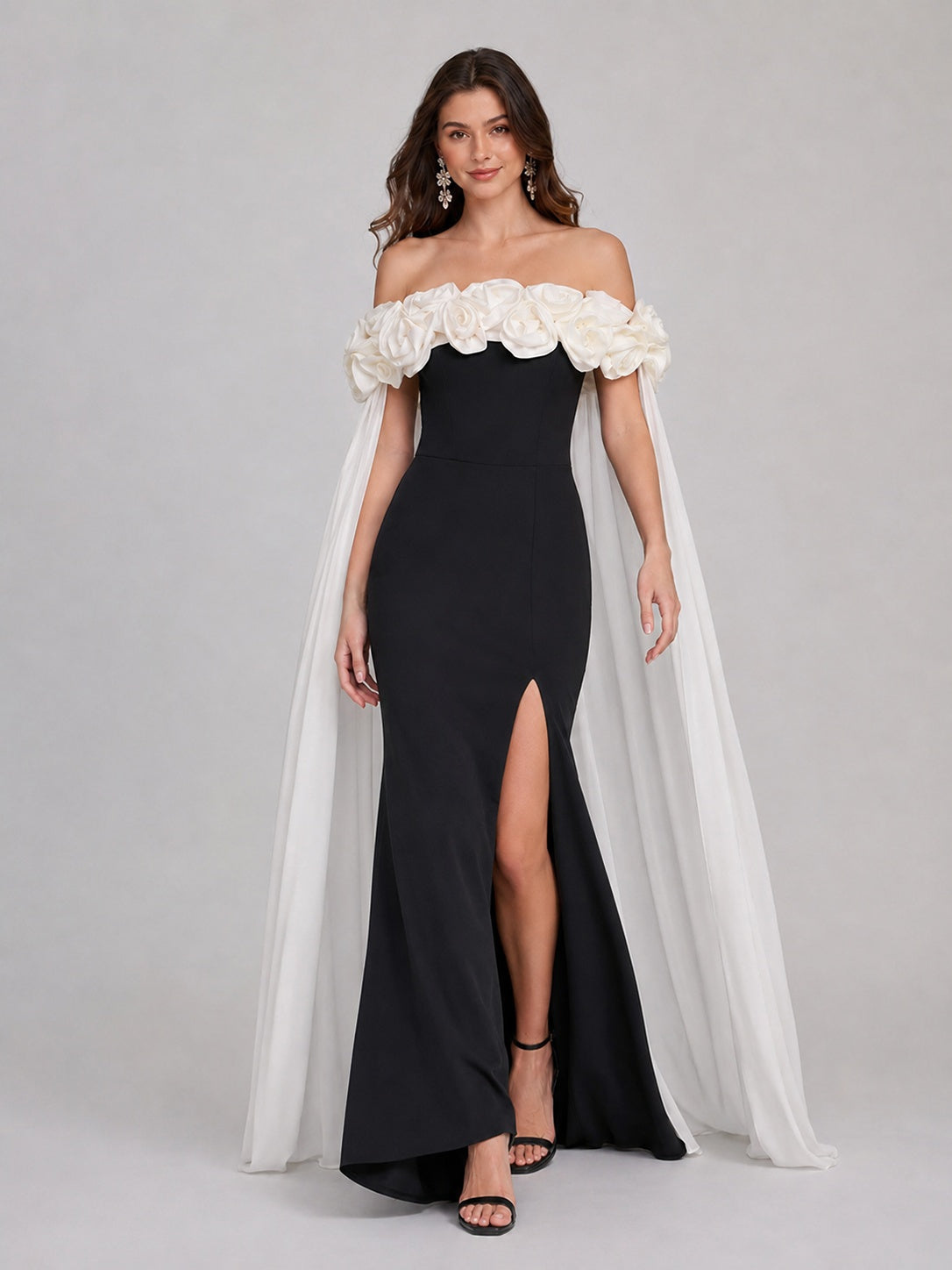 Black 3D flower off-shoulder floor-length prom dress