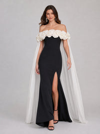 Black 3D flower off-shoulder floor-length prom dress
