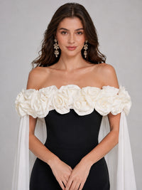 Black fitted prom dress with ivory floral cape side view