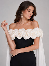 Ivory 3D floral appliqués on black off-shoulder prom dress