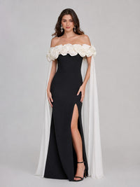 Flowing ivory cape on black floral prom dress