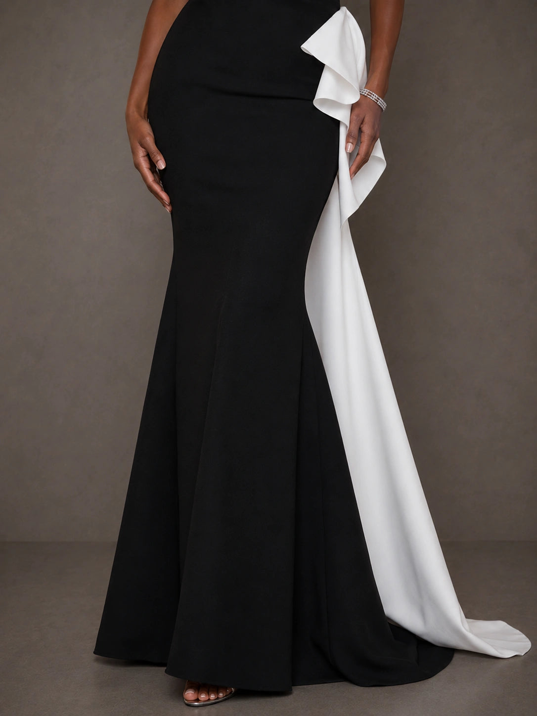 Black & White Sequin Mermaid Prom Dress with Draped Ruffle
