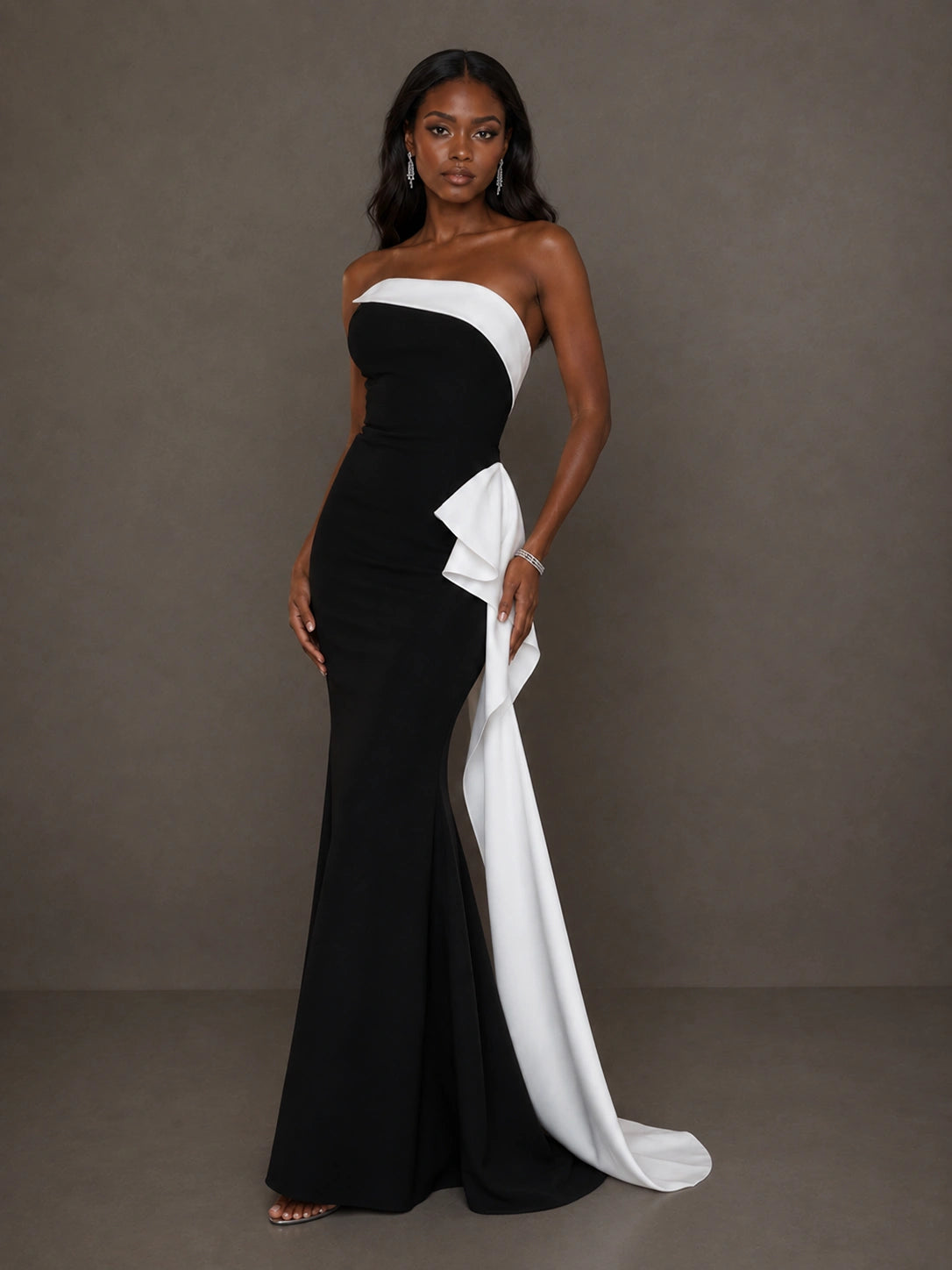 Black & White Sequin Mermaid Prom Dress with Draped Ruffle