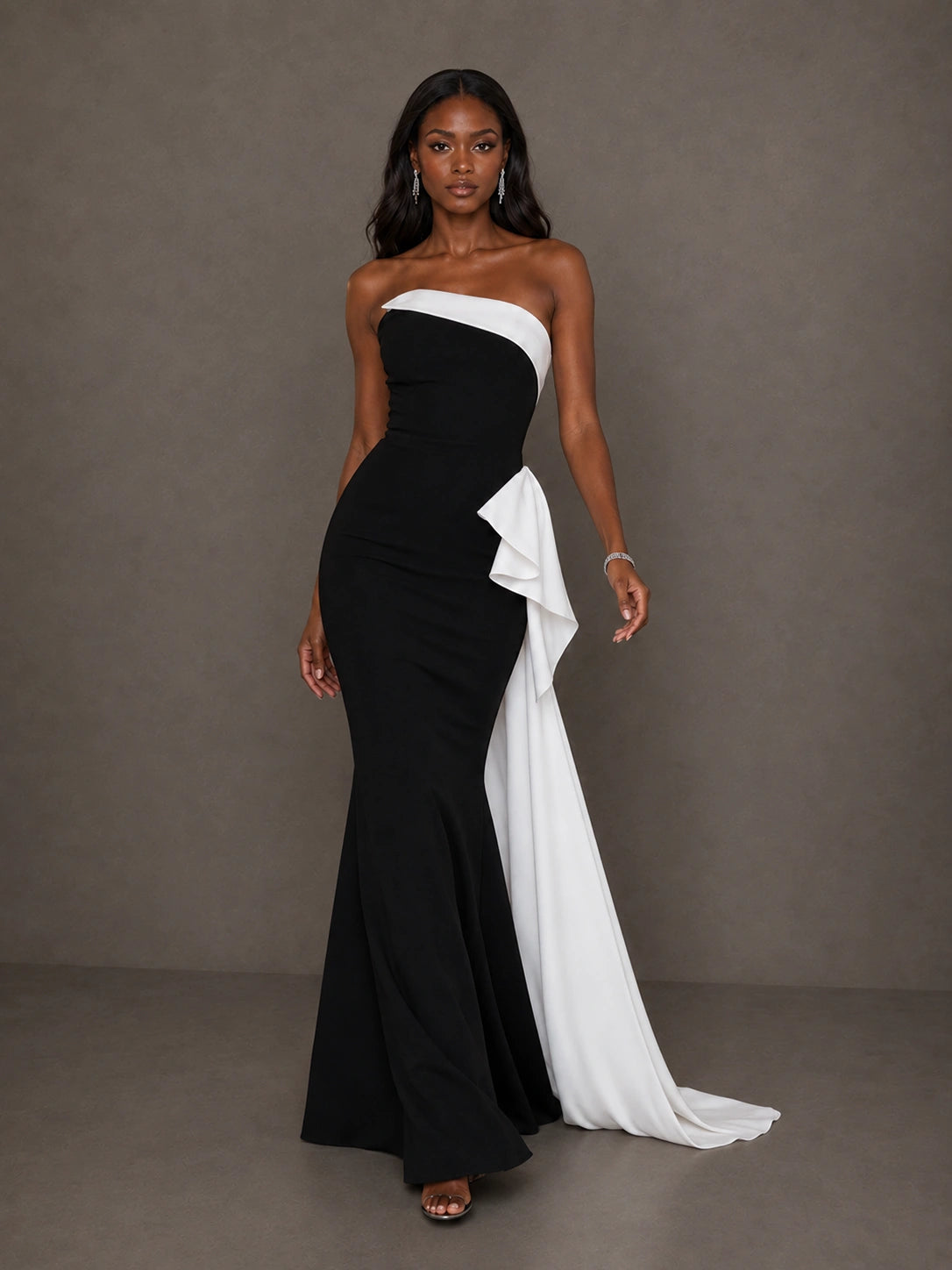 Black & White Sequin Mermaid Prom Dress with Draped Ruffle