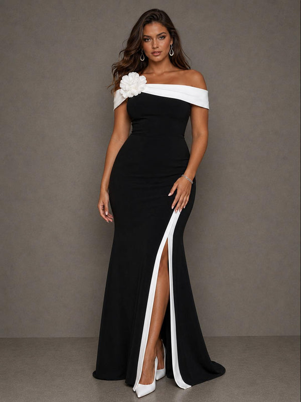 Black and White Off-the-Shoulder Floral Applique High-Slit Gown