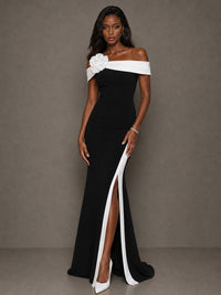 Black and White Off-the-Shoulder Floral Applique High-Slit Gown