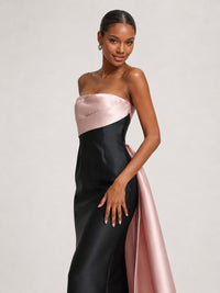 Black and blush pink strapless satin maxi dress with draped bodice