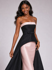 Black and blush strapless satin evening gown with bow waist