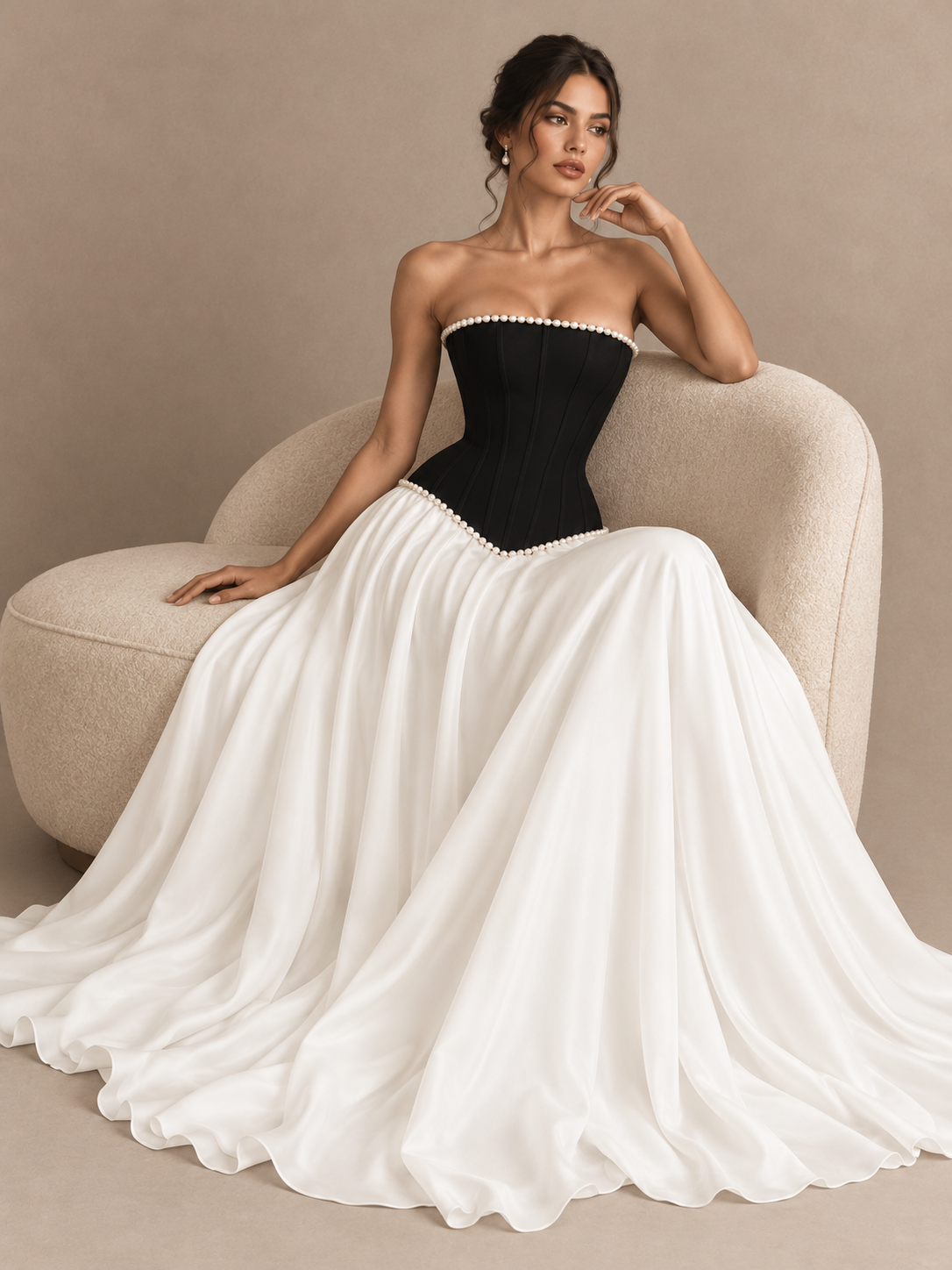 Black and white corset prom dress by Jovellee featuring a structured bodice, pearl accents and A-line silhouette