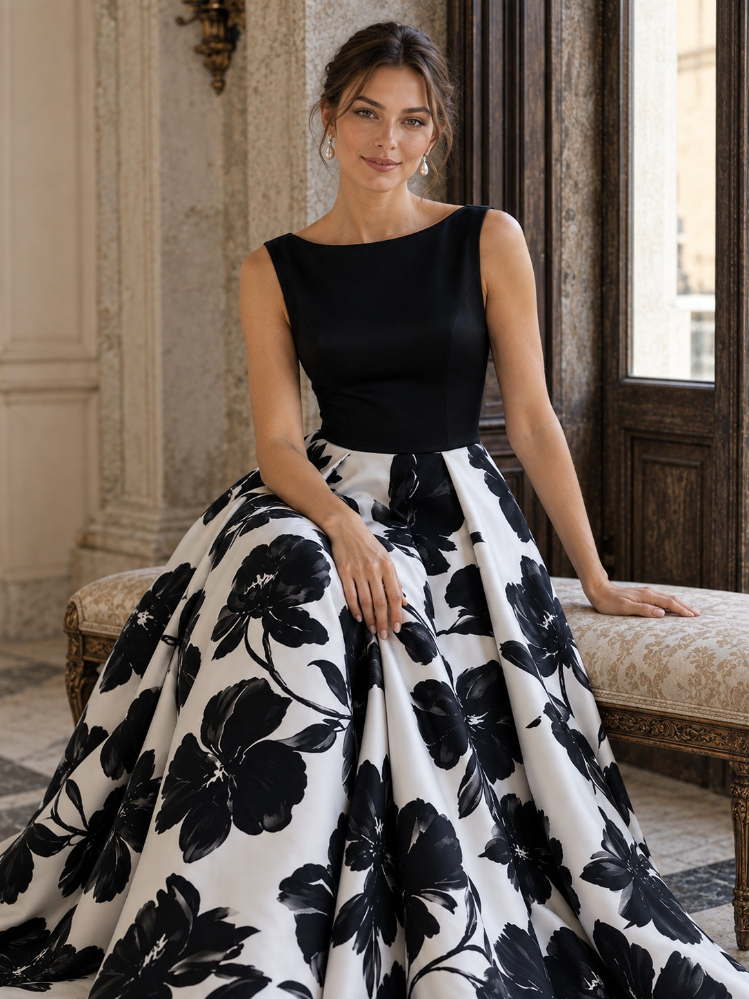 Black and white floral formal gown with full A-line floor length skirt