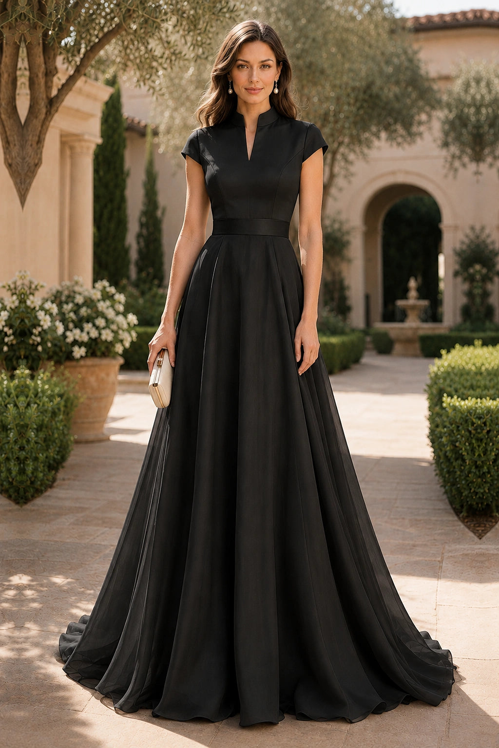 V Neck Cap Sleeve A-Line Floor-Length Satin Bridesmaid Dress