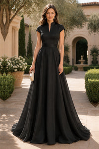 V Neck Cap Sleeve A-Line Floor-Length Satin Bridesmaid Dress