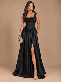 Cowl Neck Pleated Satin Prom Dress with Pockets & Slit Maxi Formal Gowns