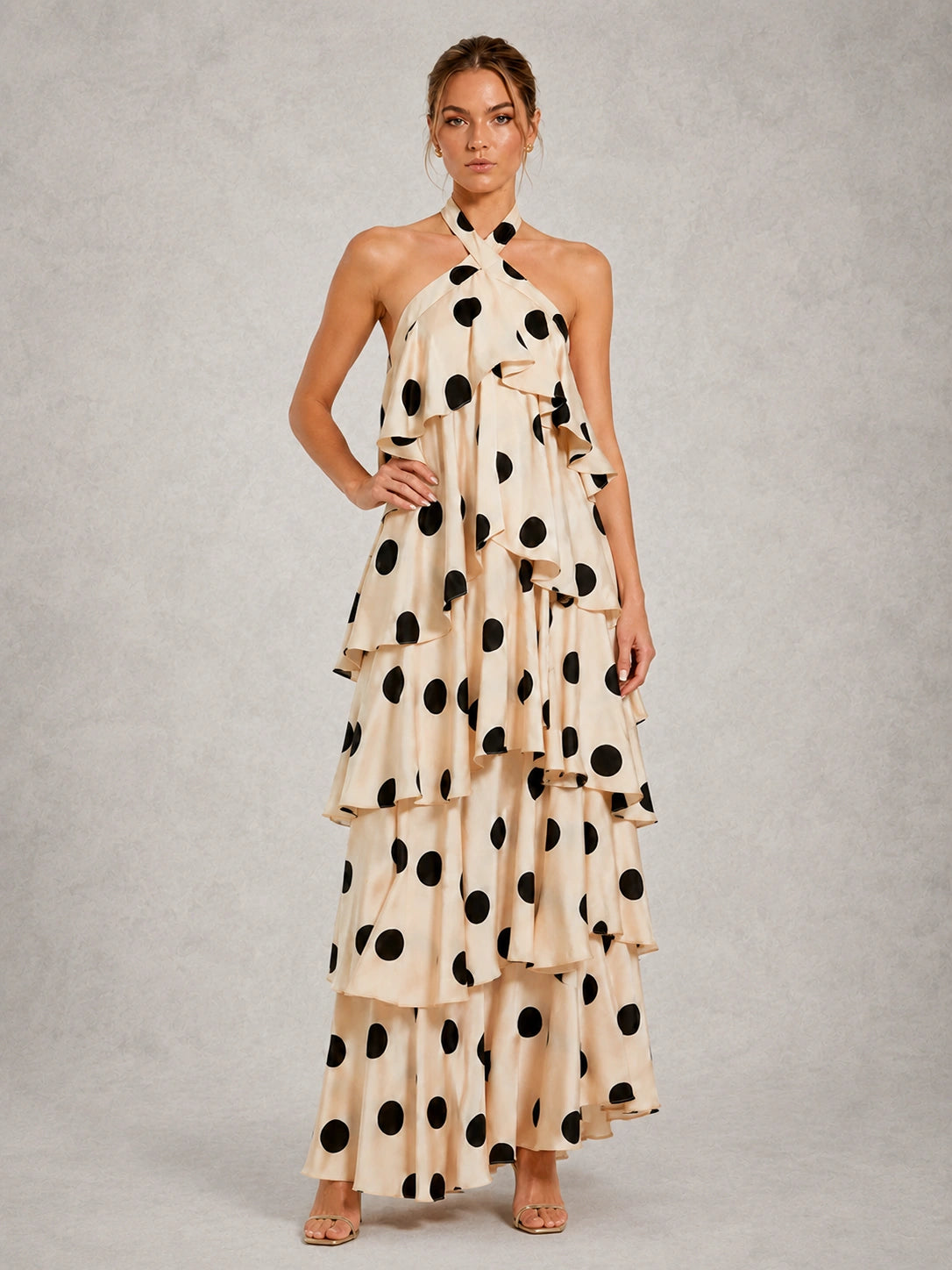 Black and Ivory Polka Dot Halter Ruffle Dress