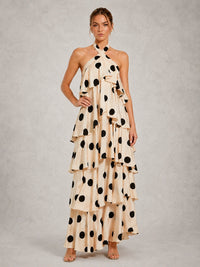 Black and Ivory Polka Dot Halter Ruffle Dress