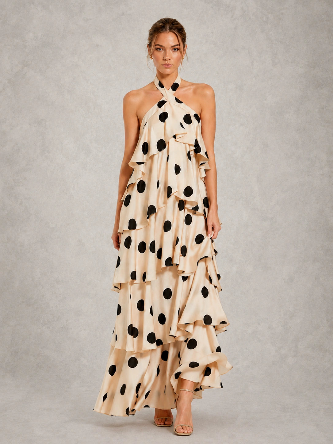 Black and Ivory Polka Dot Halter Ruffle Dress