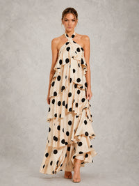Black and Ivory Polka Dot Halter Ruffle Dress