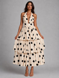 Black and Ivory Polka Dot Halter Tiered Maxi Dress