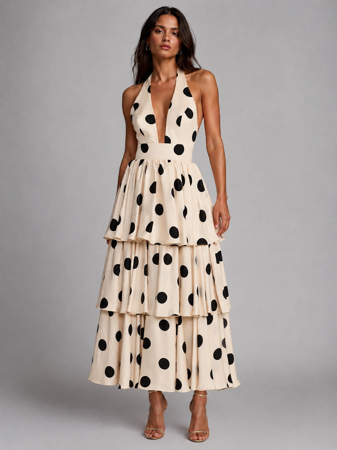 Black and Ivory Polka Dot Halter Tiered Maxi Dress
