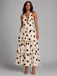 Black and Ivory Polka Dot Halter Tiered Maxi Dress