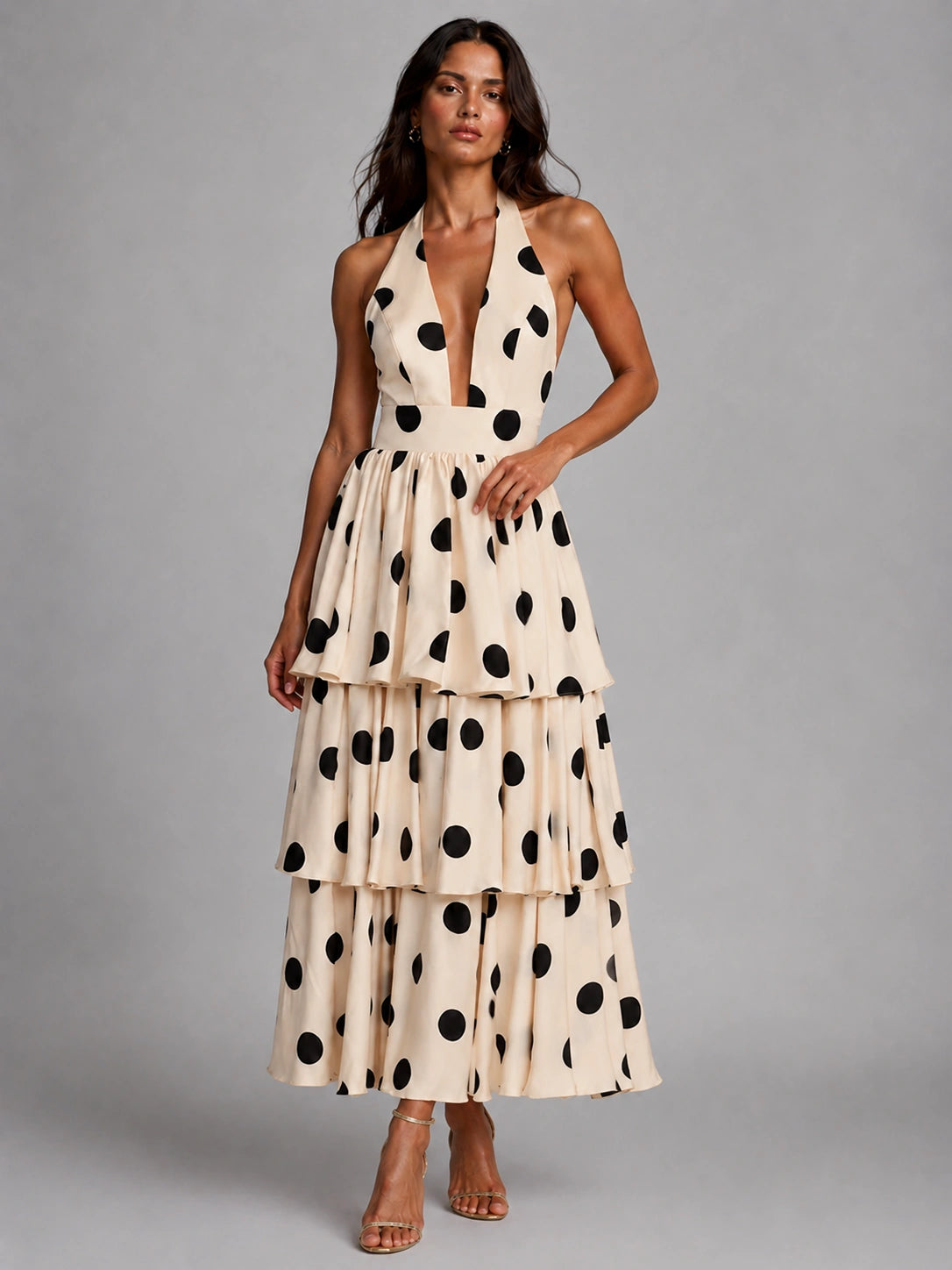 Black and Ivory Polka Dot Halter Tiered Maxi Dress