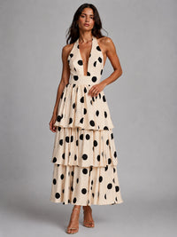 Black and Ivory Polka Dot Halter Tiered Maxi Dress