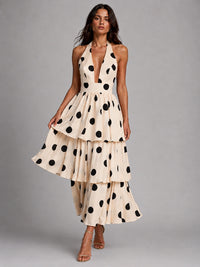 Black and Ivory Polka Dot Halter Tiered Maxi Dress