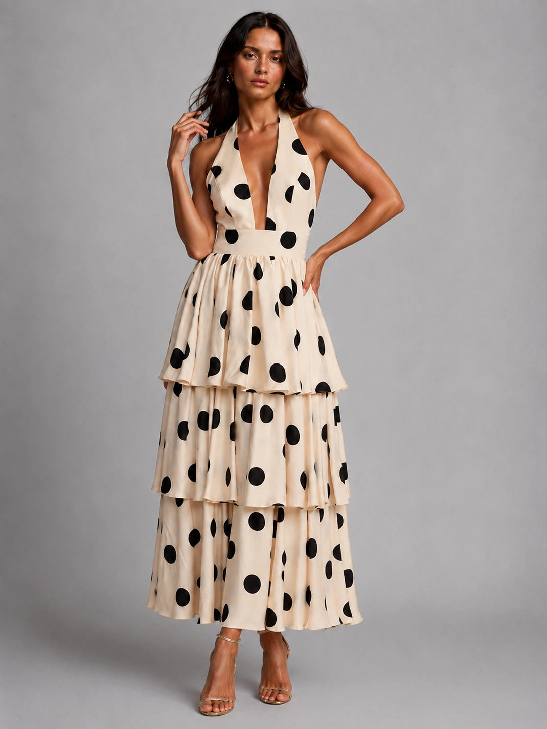 Black and Ivory Polka Dot Halter Tiered Maxi Dress