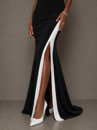 Black and White Off-the-Shoulder Floral Applique High-Slit Gown
