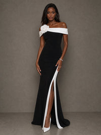 Black and White Off-the-Shoulder Floral Applique High-Slit Gown