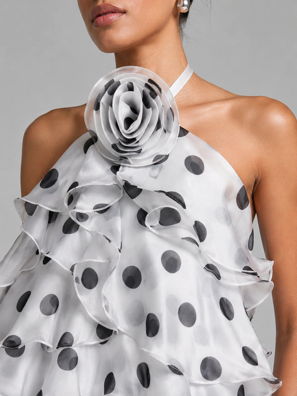 Black and White Polka Dot Tiered Ruffle Mini Dress