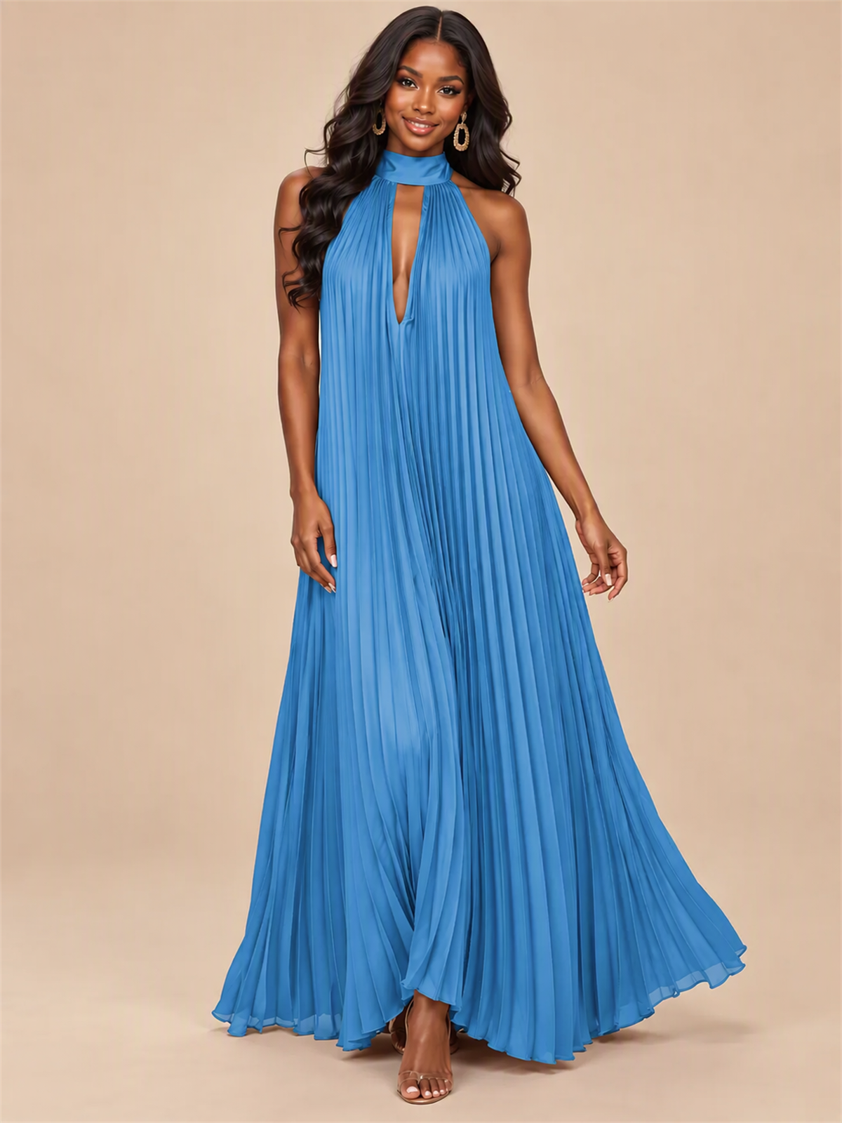 Rust Orange Pleated Halter Neck Maxi Dress