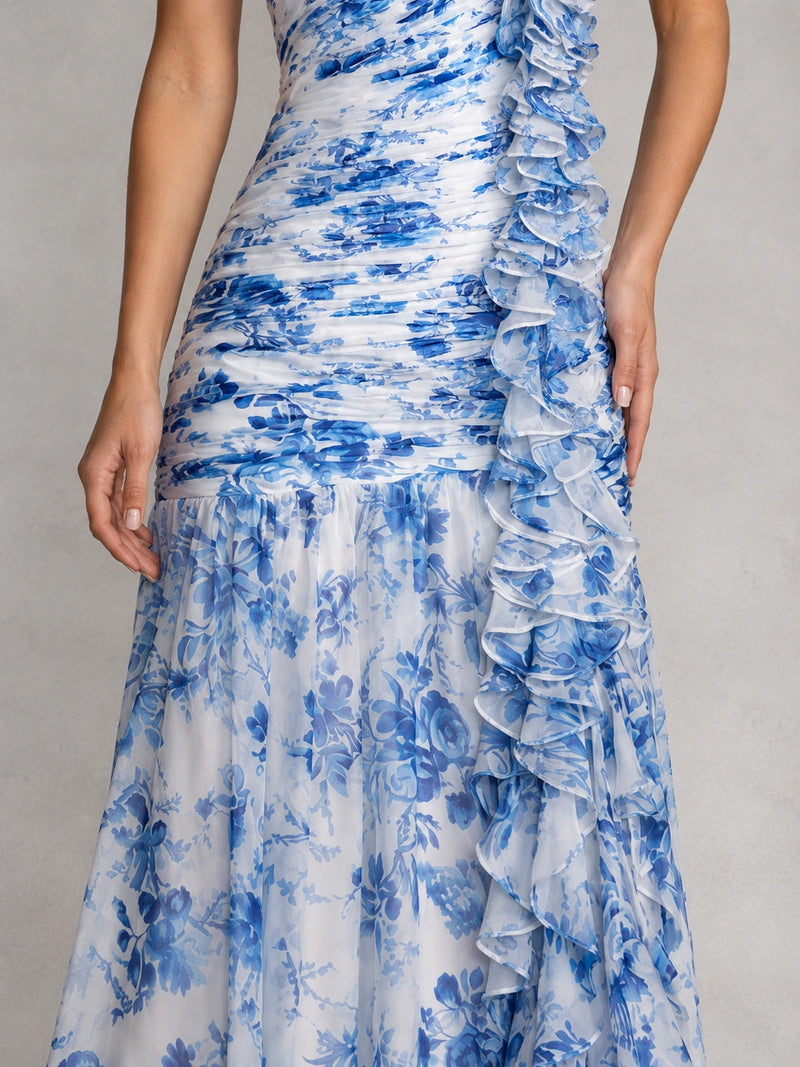 Blue Floral One Shoulder Ruffle Maxi Dress