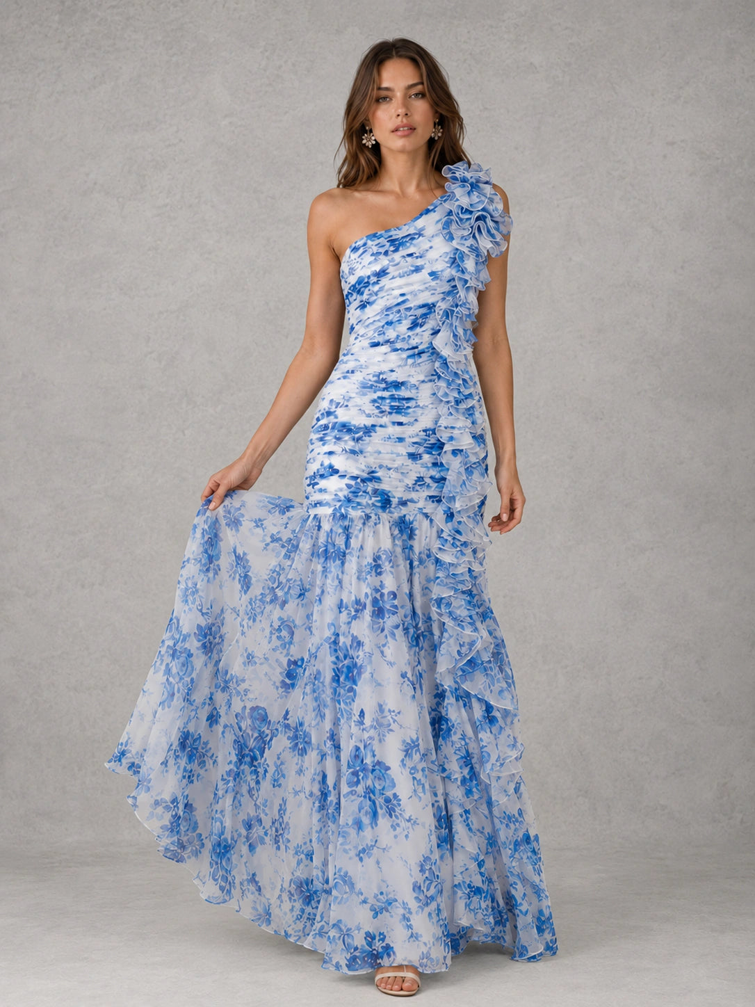Blue Floral One Shoulder Ruffle Maxi Dress