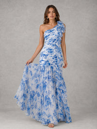 Blue Floral One Shoulder Ruffle Maxi Dress