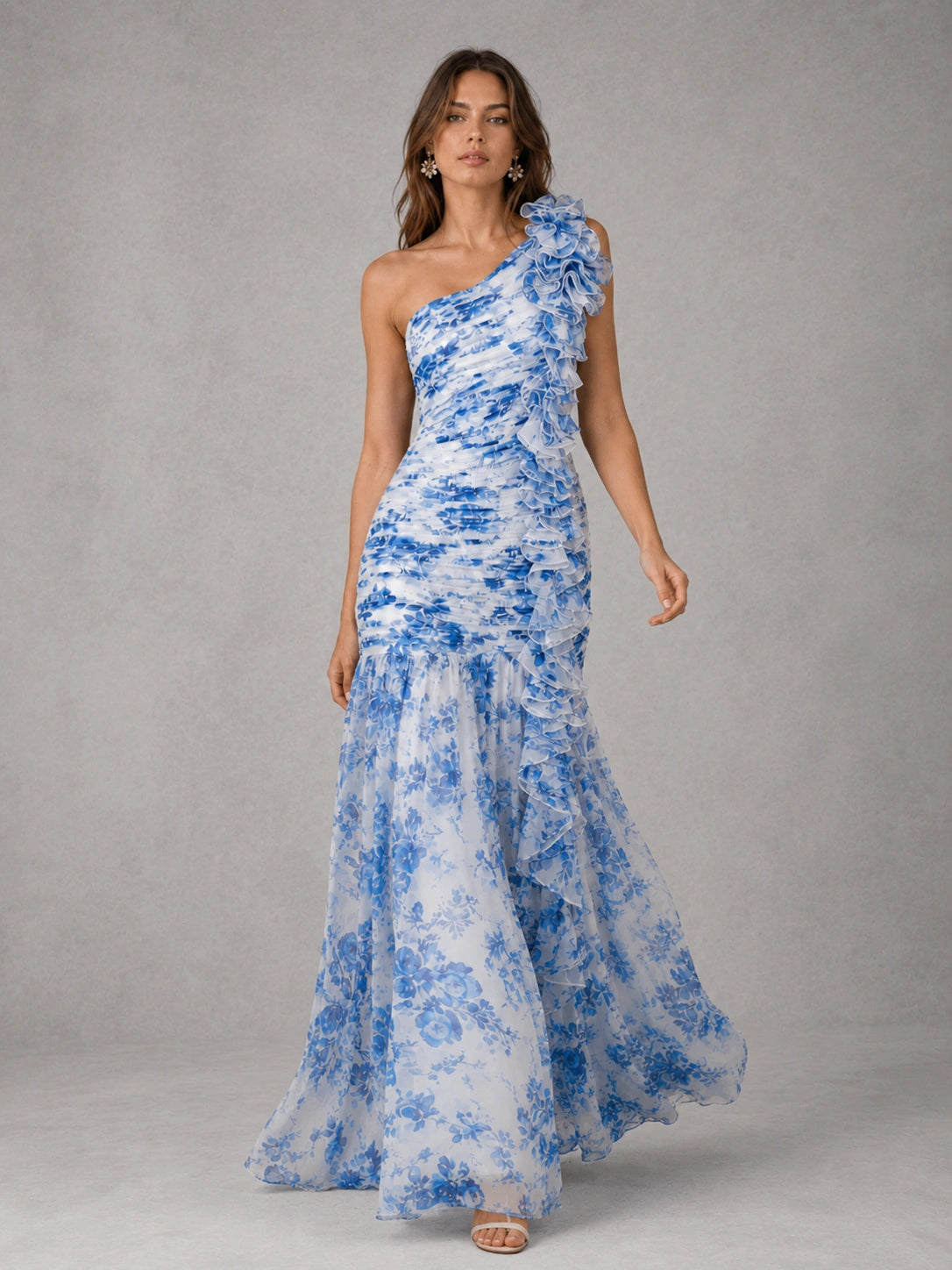 Blue Floral One Shoulder Ruffle Maxi Dress