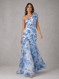 Blue Floral One Shoulder Ruffle Maxi Dress