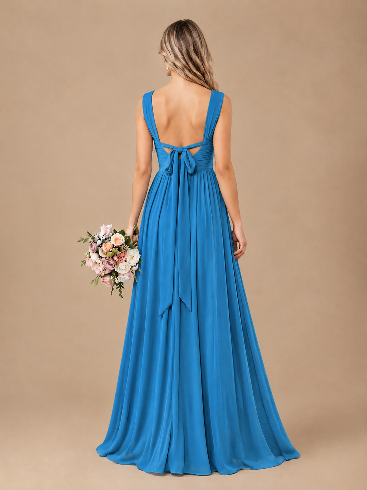 Pleated Chiffon V Neck Wedding Bridesmaid Dresses Floor Length with Slit