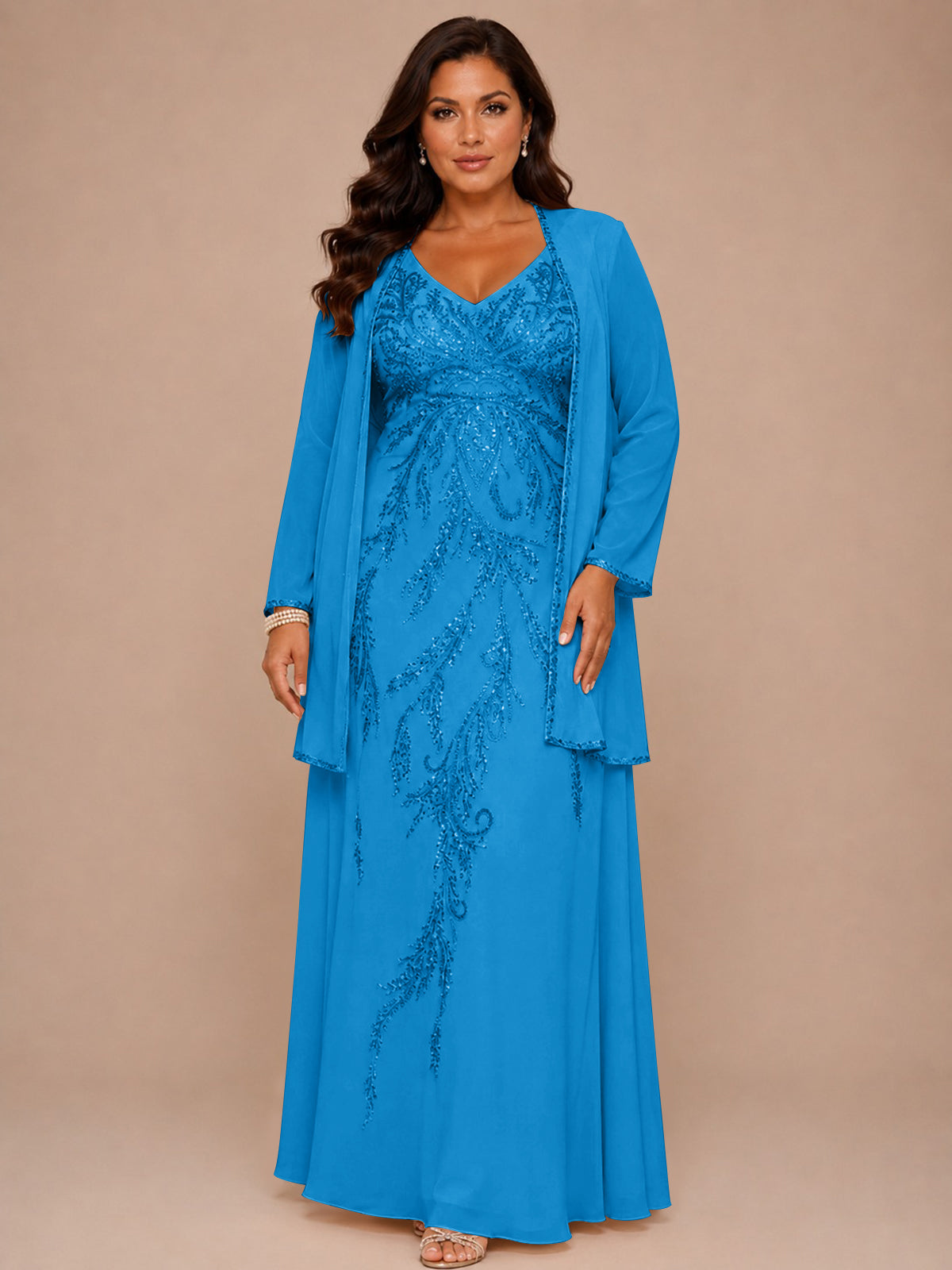 Champagne Beaded Chiffon Mother of the Bride Dress with Jacket V-Neck Gown