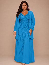 Champagne Beaded Chiffon Mother of the Bride Dress with Jacket V-Neck Gown