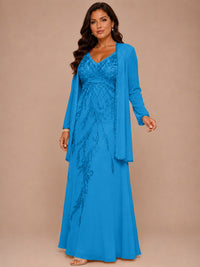 Champagne Beaded Chiffon Mother of the Bride Dress with Jacket V-Neck Gown