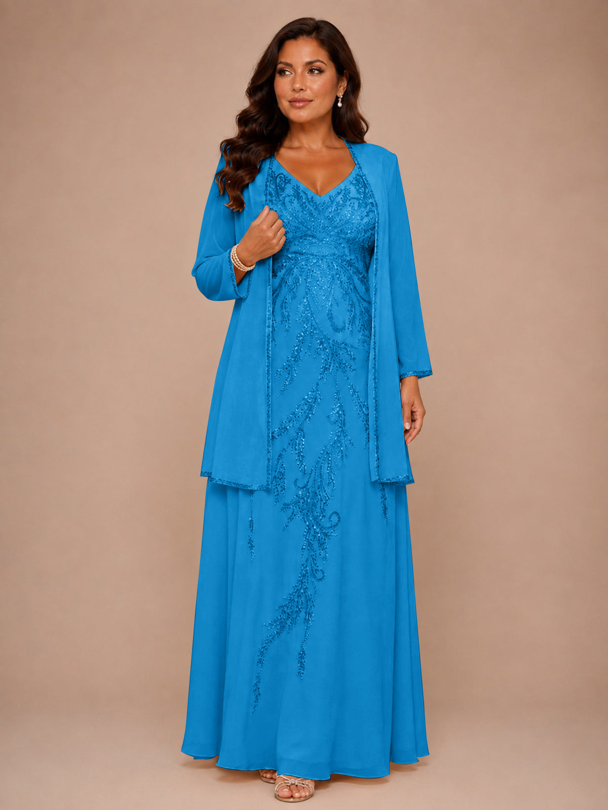 Champagne Beaded Chiffon Mother of the Bride Dress with Jacket V-Neck Gown