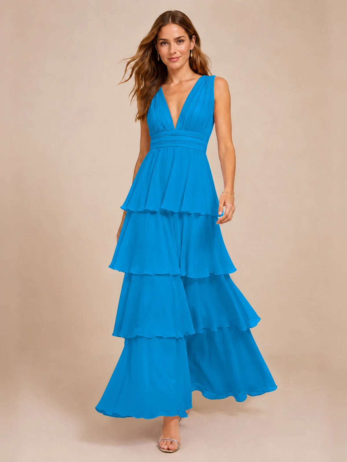Elegant Deep V Neck Chiffon Bridesmaid Dress with Tiered Ruffles