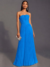 Blue Strapless Pleated Satin Prom Dress Long Formal Gown Evening Dress