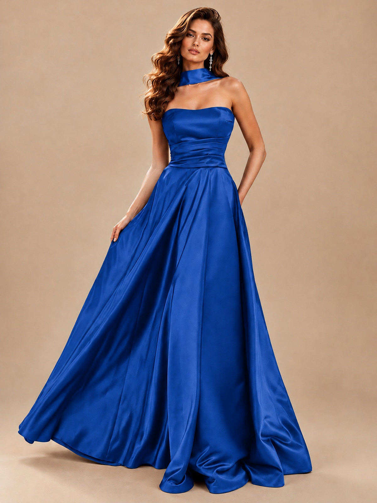 Strapless Prom Dress Side High Slit A-line Formal Dress with Scarf