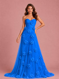 3D Floral Applique Strapless Tulle Prom Dress with High Slit