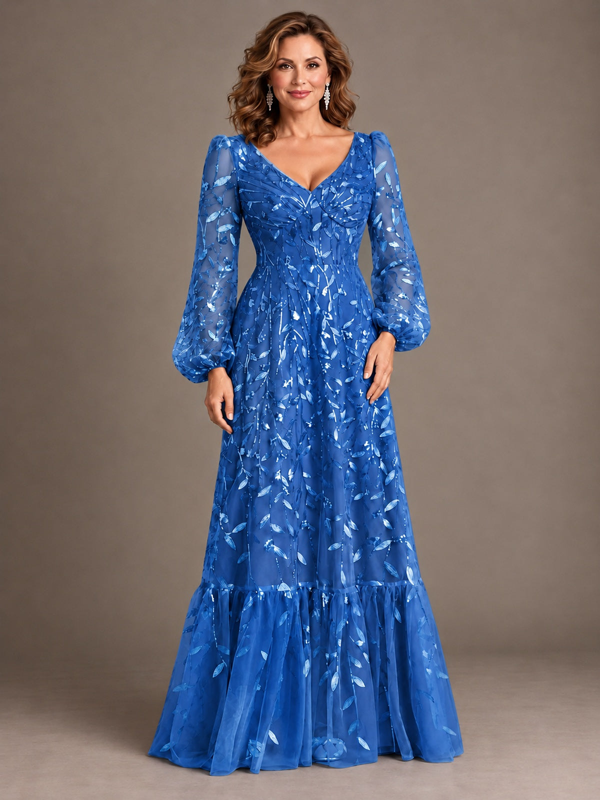 Floral Sequin Embroidered A-Line Mother of the Bride Dress with Long Sleeves